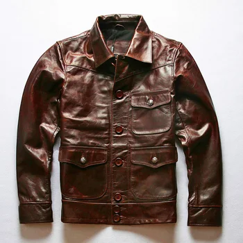

2020 Men's Vintage Genuine Cowskin Motorcycle Jacket Genuine Leather Multi-pocket Cowhide Jackets Spring Autumn Large Size Coat