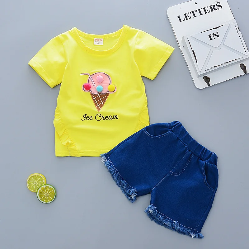 

Children Summer Cotton Clothes Baby Girls Cartoon Letter T Shirts Denim Shorts 2Pcs/sets Infant Kids Fashion Toddler Tracksuits