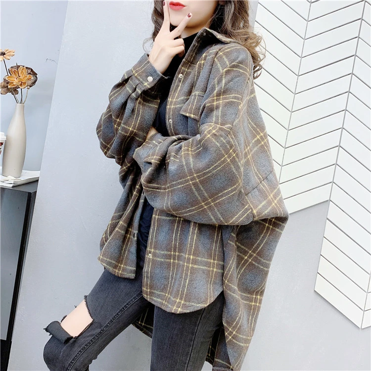 

NoEnName_Null Lazy Style Sub Shirt Female Spring Dress 2020 New Mid-length Woolen Brushed Thick Wool Long-sleeved Shirt 50cs
