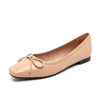 

2020 Free Shipping Handmade Leather Women Casual Bow ballets Flats Slip On Round Toe Black Pink Blue 28001
