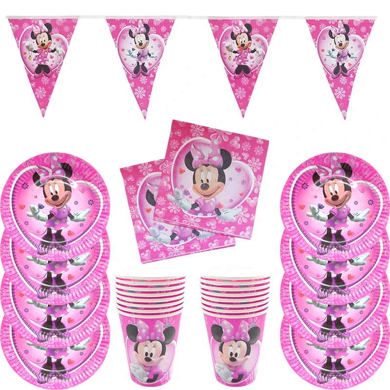 

Minnie Mouse Theme Disposable Tableware Supplies Cup Plate napkin Tablecloth Birthday Party Girl Party Decoration Dinner Set