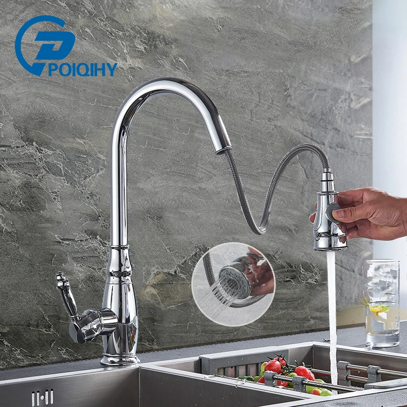 

Chrome Kitchen Faucet Pull out Deck Mounted Faucet 360 Rotation Dual Outlet Modes Brass Spout Single Handle Hot Cold Mixer Tap
