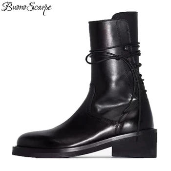 

Buono Scarpe Brand Women Cross Tied Ankle Boots Fashion Black Laces Botas Fenimina Casual Zipper Motorcycle Chunky Boots 2019