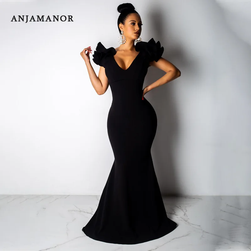 ANJAMANOR Elegant Sexy Party Dress Evening Gown Vintage Ruffles V-neck Backless Bodycon Maxi Dresses for Women 2020 D53-BC18 | Женская