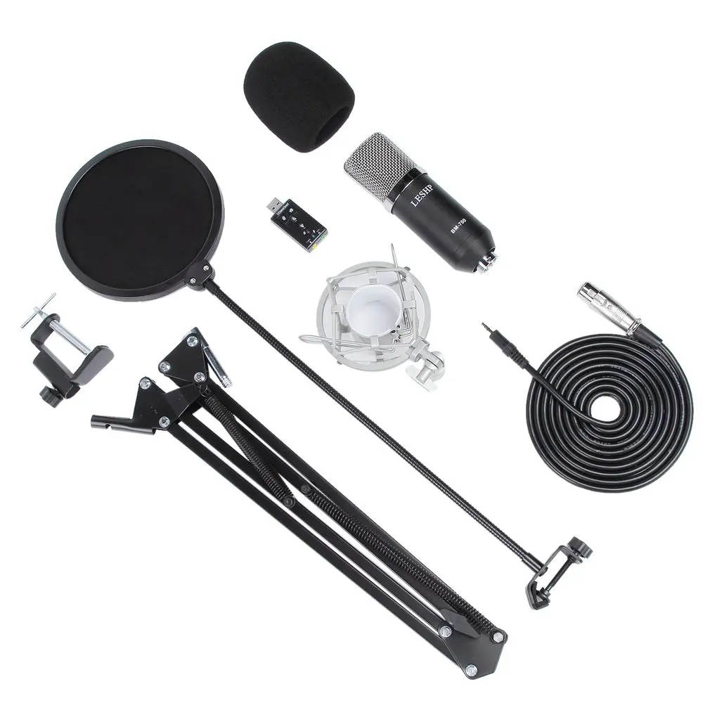 LESHP Black Durable Professional Flat Head Condenser Broadcasting Recording Microphone With 35 Bracket set &amp USB Sound Card |