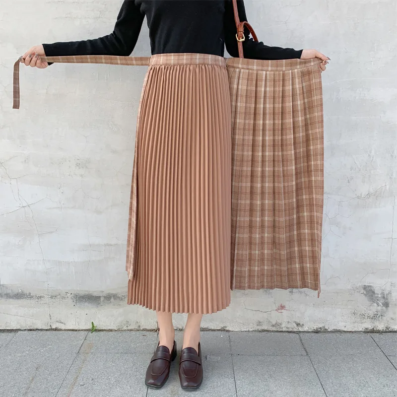 

2020 Spring And Autumn New Style Roasted Tea Pattern High-waisted Slimming Industrial Solid Adjustable Pleated Skirt