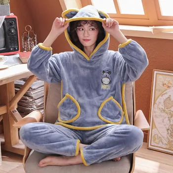 

Winter Women Pajama Sets Printed Thicken Sleepwear Set Long Sleeve Warm Flannel Pajamas with Hat Plus Size 5XL 90kg Wear Pyjamas