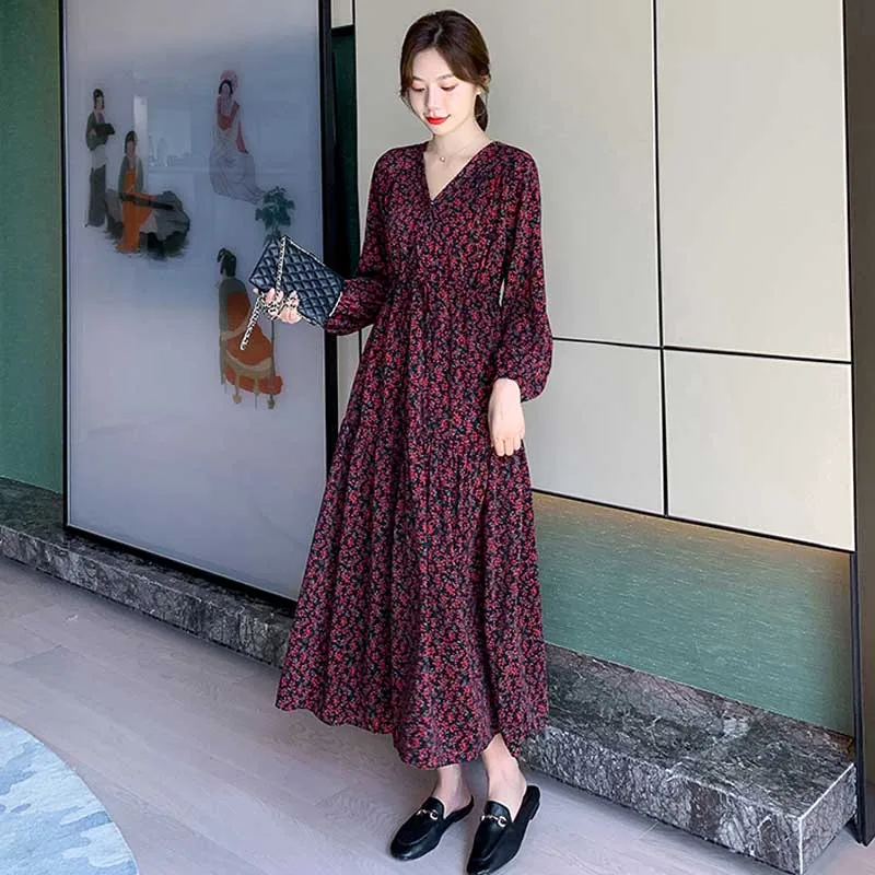 2020 Long Dress Spring Autumn Fashion New Women Long Sleeve Floral Print Dress Vintage Korean Elegant One-Piece Dress Vestidos