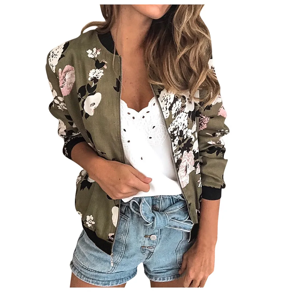 Chaquetas mujer 2019 куртка женская с длинным рукавом Ретро Цветочный молния тонкие