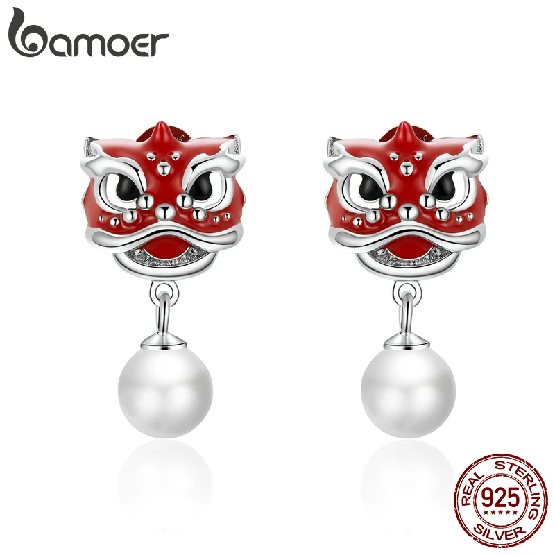 Серьги-гвоздики bamoer GAE333 из серебра 925 пробы с изысканным красным львом для танцев