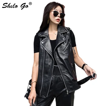 

Genuine Leather Vest Highstreet Moto Notched Neck Buckle Belted Sleeveless Sheepskin Vests Women Autumn Casual Outwear Female
