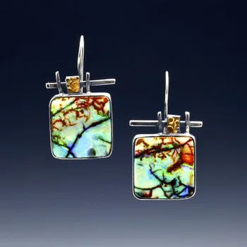 

New Square Colored Glass Branch Pattern Small Earrings For Women Fantasy Two Tone Drop Earings Statement Brinco Accesorios Mujer