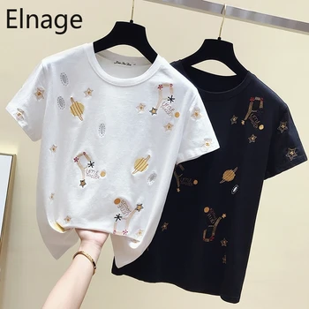 

2020 New Spring Summer Women T Shirts Short Sleeve O Neck White Embroidered Cotton T-shirt Korean Style Loose Top Black 5A984