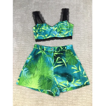 

Two Piece Set Printed Fashion Beach New Summer Women Runway Pattern Fashion Print Shorts+Patchwork Lace Print Mini Tank Tops Set