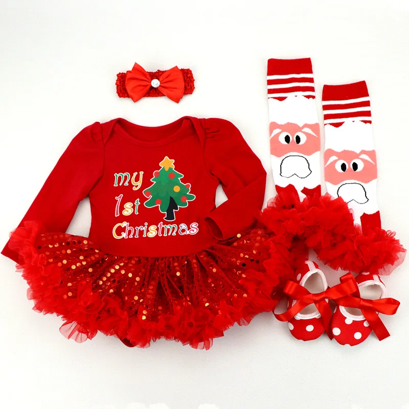 4 шт., летняя одежда для малышей Рождественский комплект, комбинезон с длинными рукавами для новорожденных девочек, юбка в Горошек Гетры, комплект рождественской одежды - Цвет: A2