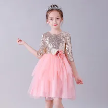 Платье принцессы с блестками для девочек; костюм; детское рождественское платье с рукавами; элегантное праздничное платье для маленьких девочек на день рождения и свадьбу; От 4 до 13 лет