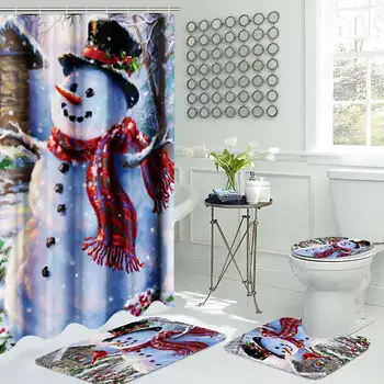 

Xueqin Christmas Tree Snow Printed Pattern 180x180cm Shower Curtain Pedestal Rug Lid Toilet Cover Mat Non-slip Bath Mat Set
