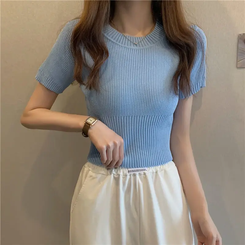 Summer Slim Thin Round Neck Solid Color Knitted Short-sleeved Pullover T-shirt Spring And Autumn New Fashion Bottoming Top