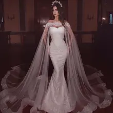 Белое блестящее свадебное платье русалки с длинной вуалью милое Бисероплетение со шлейфом размера плюс блестящие женские свадебные платья