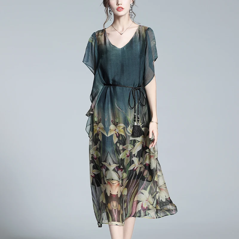 Silk French Loose Long Dress Ruffle Sleeve Casual Patchwork V-Neck Sashes Vintage tea break Dresses Flower Women 2021 | Женская одежда