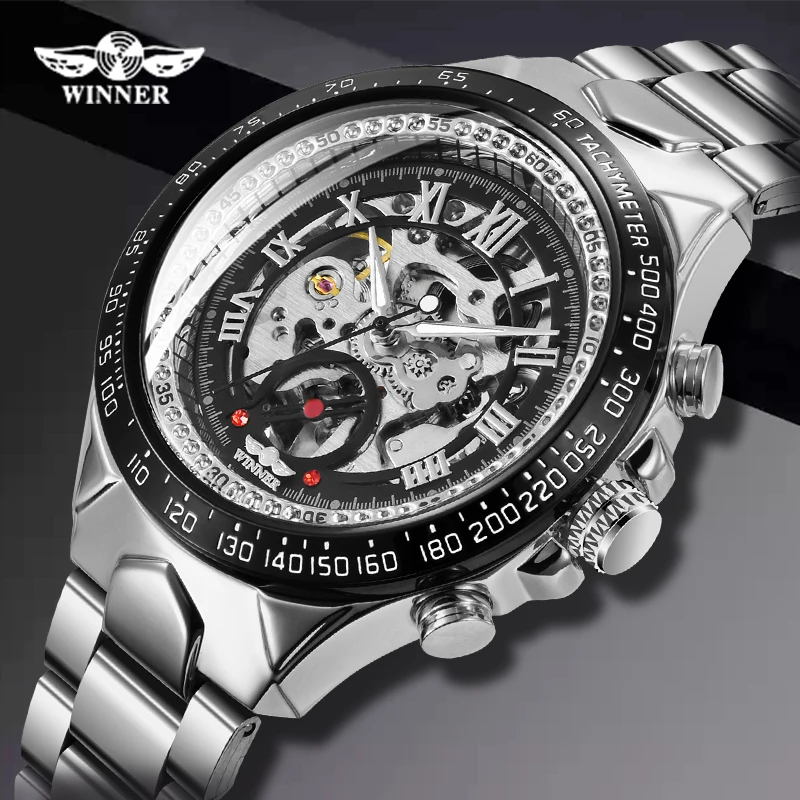 

WINNER Men Automatic Mechanical Watch Fashion Skeleton Self Winding Watches Men's Luxury Silver Wristwatch Male Waterproof Clock