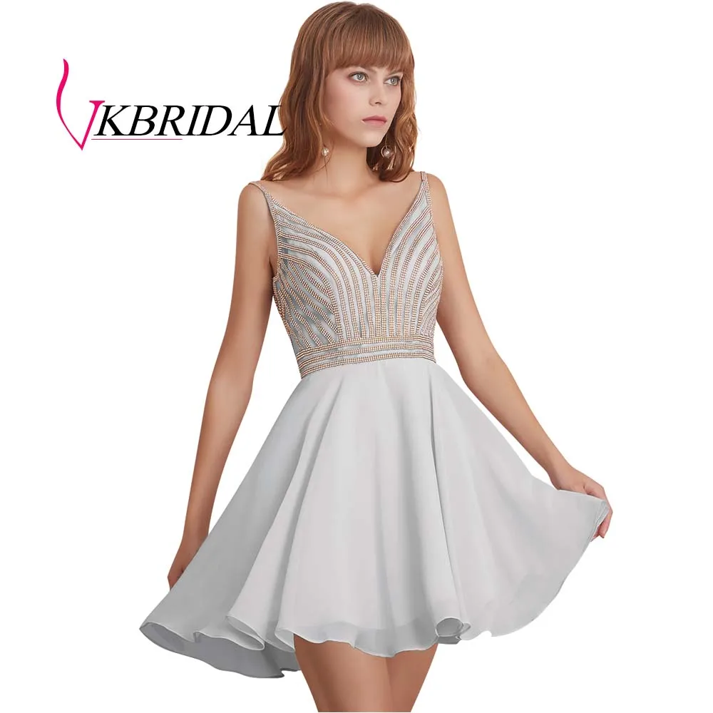 VKBRIDAL сексуальное короткое платье с v-образным вырезом для выпускного вечера Новое шифоновое бисерное милое платье с v-образным вырезом сзади - Цвет: Серебристый