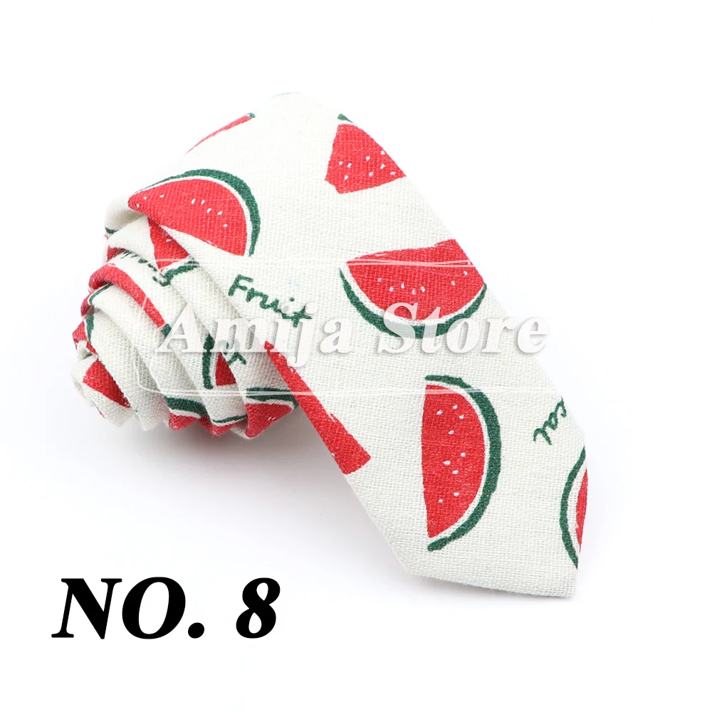 High Quality Cute Linen Cartoon Tie For Men Cat Polar Bear Watermelon Waves Printed Funny Gift Animal Narrow Striped Slim Cravat