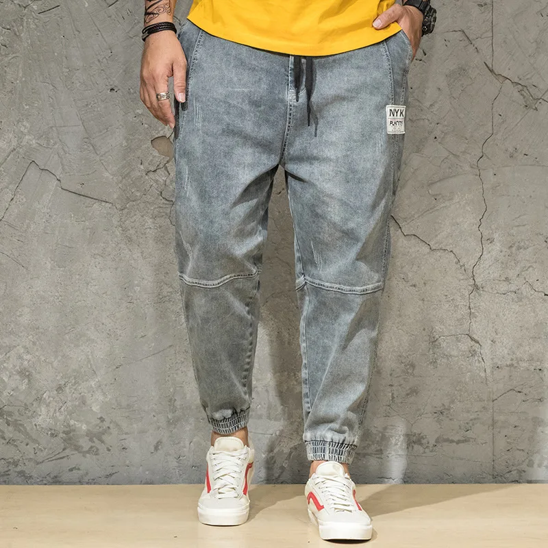 

Summer Capri Plus-sized Japanese-style Harem Jeans Men's Lace-up Badge Trend Gray Ankle Banded Pants Men's