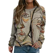 

New Graffiti Face Print Sweatshirt Womens High Street Crewneck Sweatshirt Fashion O Neck Clothes Casual Loose Female Pullovers