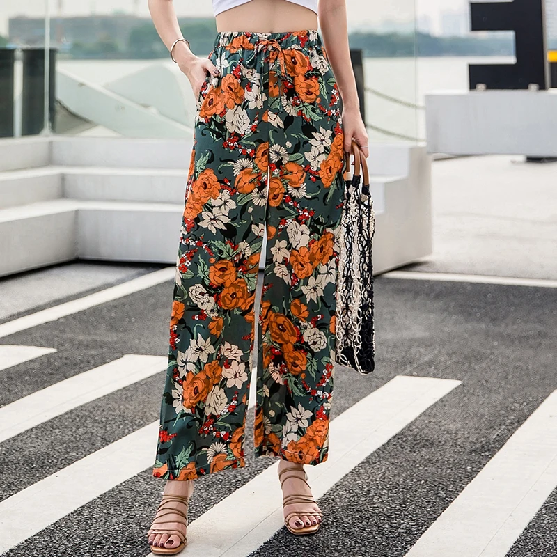 

Vacation 2019 New Flower Women's Pants Chiffon Flowers Printing Holiday Bohemia Wide Leg Pants Fashion Beach Nine Pants 509H3