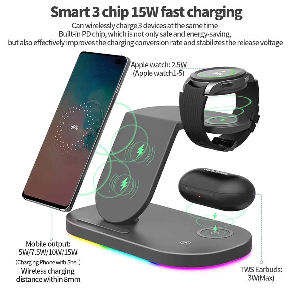 Estação Doca Carregador sem Fio 15w Suporte de Carregamento Rápido para Samsung Galaxy Relógio para Iphone 14 13 12 Huawei para Airpods em - Image 2