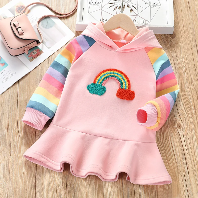 Одежда для маленьких девочек платье для девочек новое весенне-осеннее Повседневное платье трапециевидной формы в полоску с оборками и длинными рукавами и капюшоном для От 2 до 8 лет