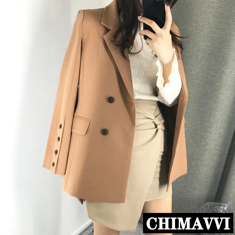 

Lady's Suit Jacket Coat 2019 Spring and Autumn Korean Pure Color Women's Long Sleeve Double-breasted Suit Blazer Loose Outwear