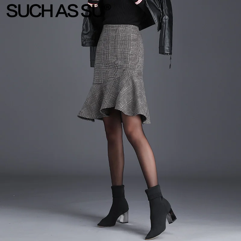 Новые осенне-зимние вязаные клетчатые юбки для женщин серая с высокой талией длиной до колена юбка русалки S-3XL размера плюс юбка с оборками для женщин - Цвет: Light gray Skirt