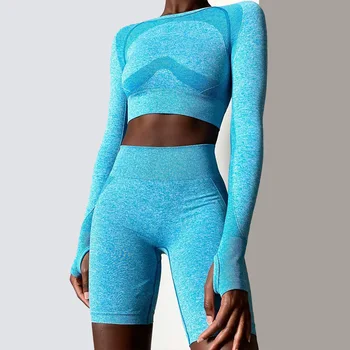 

2020 Shark Knitted Seamless Yoga Suit Vest Europe and America Cross Border Seamless Long Sleeve High-waisted Trousers