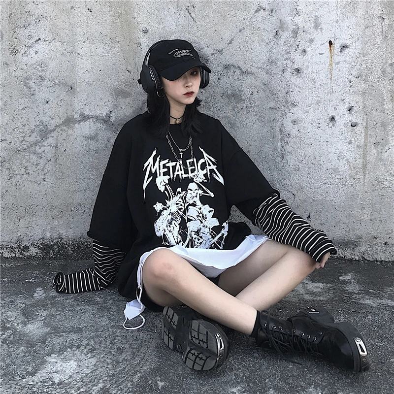 Woherb Harajuku Свитшот женский черный поддельный 2 шт толстовки в полоску с принтом