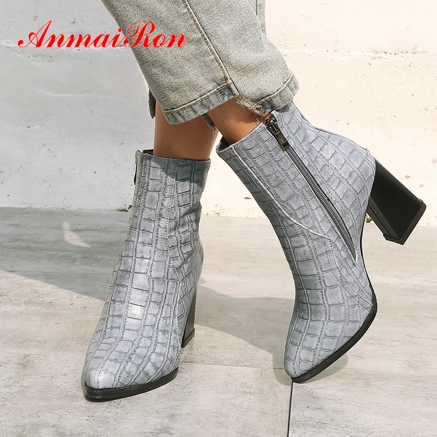 

ANMAIRON Ankle Boots for Women Zip Pointed Toe High Square Heel PU Fleeces Checkered Rome Fur Winter Shoes Black Gray Red Boots