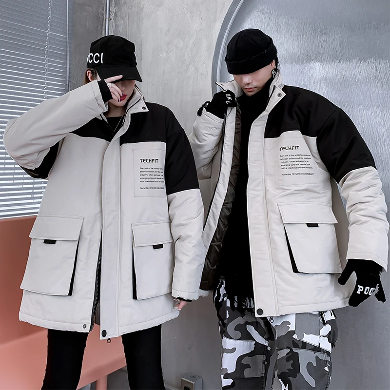 Разборчивая Мужская парка в стиле хип-хоп, зимняя куртка-карго, Мужская утолщенная верхняя одежда, теплое пальто, Повседневная Лоскутная одежда с карманами для пар