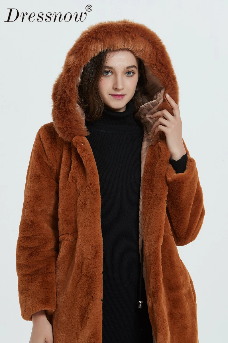 Dressnow женское осенне-зимнее утепленное пальто, Женское пальто из искусственного меха норки, тонкая верхняя одежда с капюшоном, женский длинный пиджак