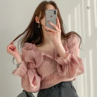 Shirts & Blouses Chic Korea Sweet Full Square Neck Flare Sleeve Fungus Blouse Temperament Retro Pleated Top Blusas Mujer Fashion