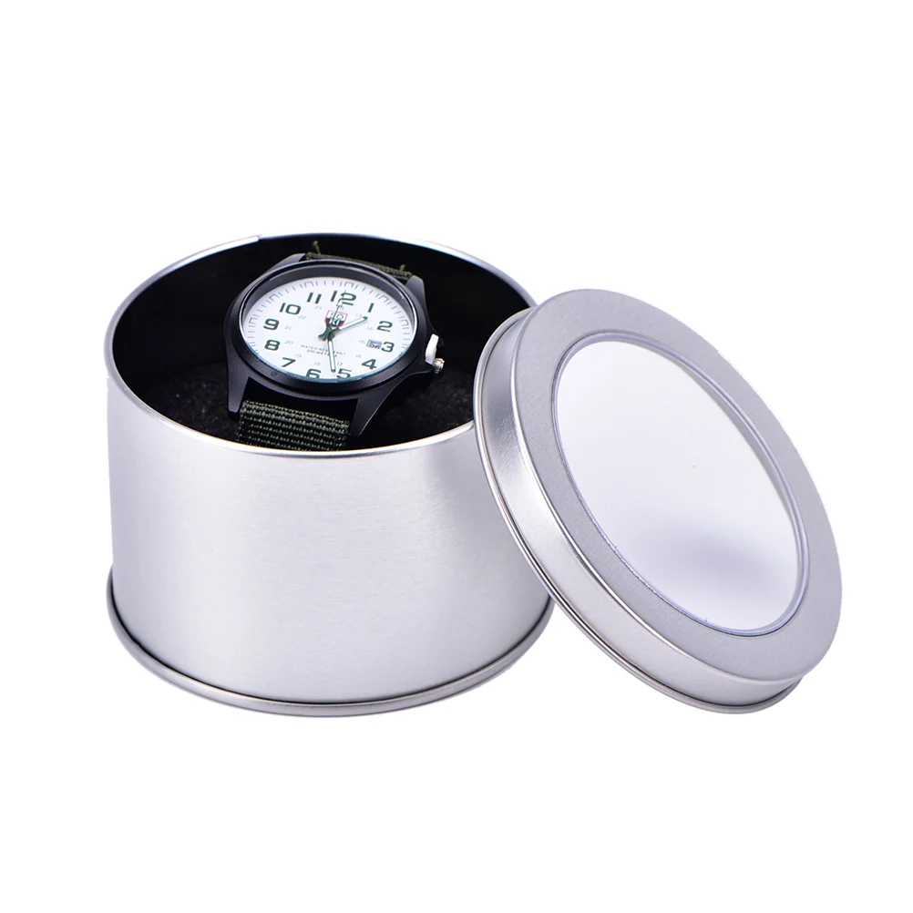 1PCS Round Metal Jewelry Watch Gift Box Display Case With Cushion Watch Organizer Box Holder Display 2 Sizes