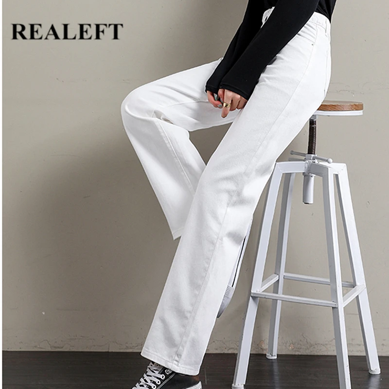 REALEFT-pantalones vaqueros blancos para mujer, pantalón informal, holgado, de cintura alta, de pierna ancha, para primavera, 2021