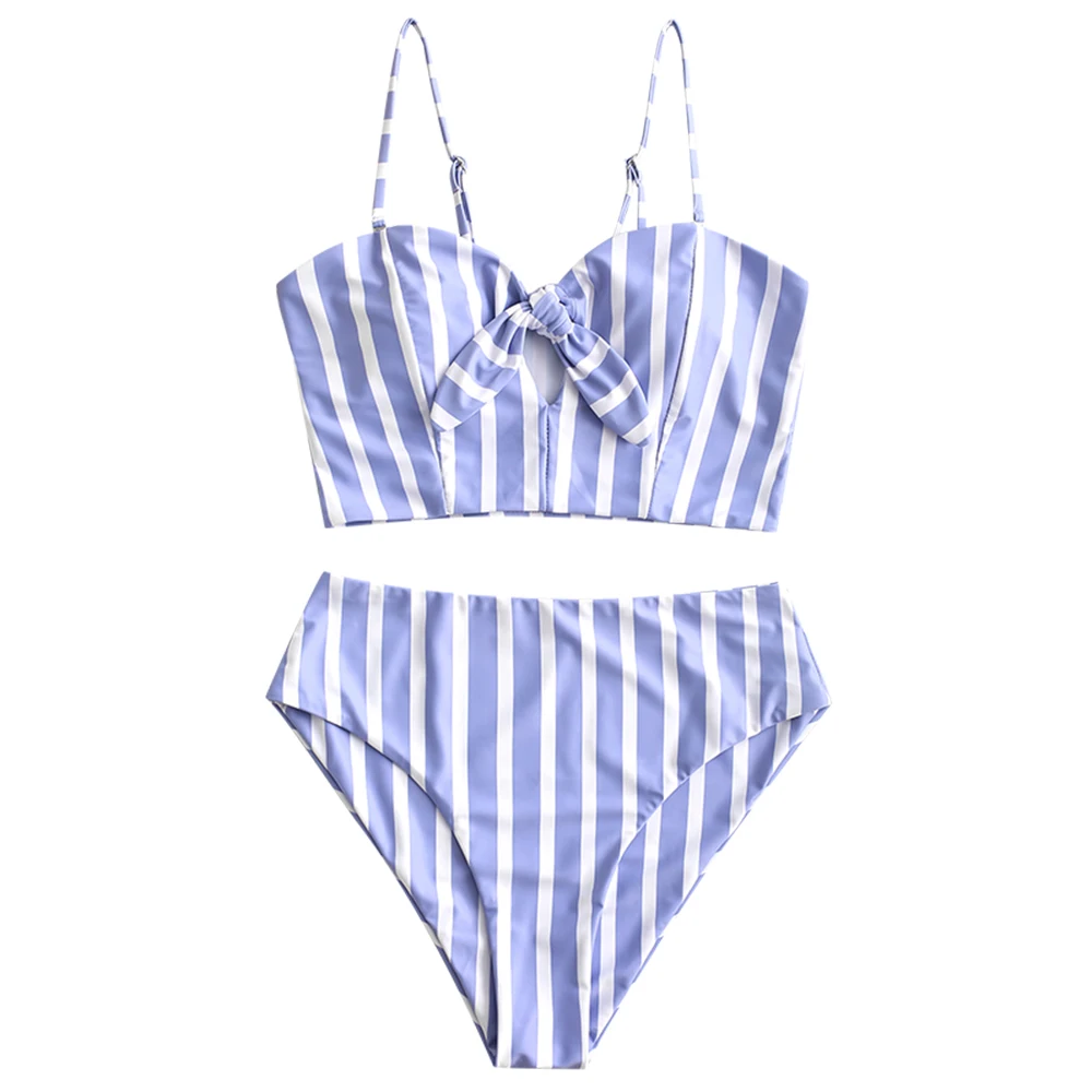 

ZAFUL New Striped Tied Keyhole Tankini Swimsuit Bikini Sets Women Bow Two Pieces Straps Swim Girl Beach High Waist Bathing Suits