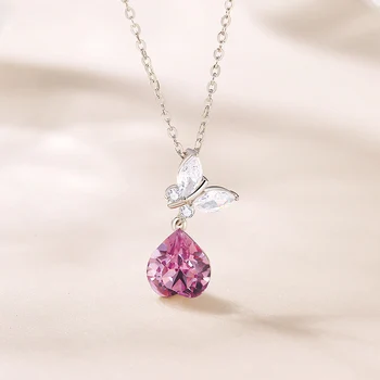 

JIAN Butterfly Heart Pendant Necklace Rhinestone Silver Color Chain Choker Shiny Luxury Crystal Jewelry for Women Ladies