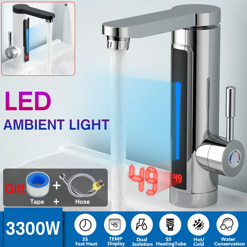 

3300W Electric Hot Water Heater Faucet Tap LED Ambient Light Temperature Display Instant Heating Bathroom Kitchen Faucet