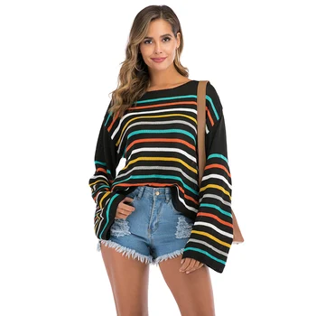 

Women Striped Sweater Fashion Spring Autumn Pullovers Sweaters Long Flare Sleeve O-Neck Casual Thin Top