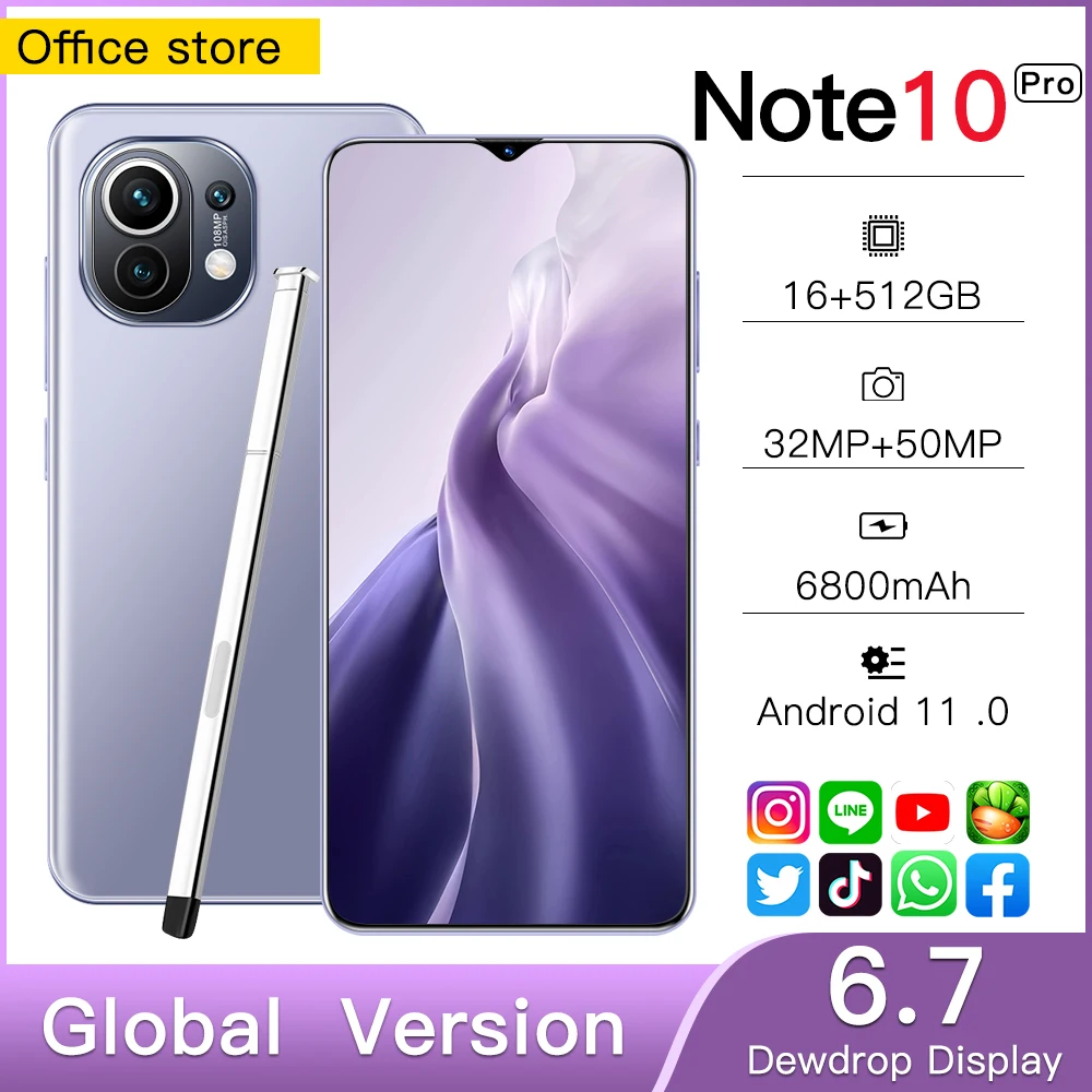 Note10 Pro Smartphone 6.7inch 5G 16GB+512GB 6800mAh Unlocked Mobile Phones Android Telefones Celulares Global Version Cell Phone