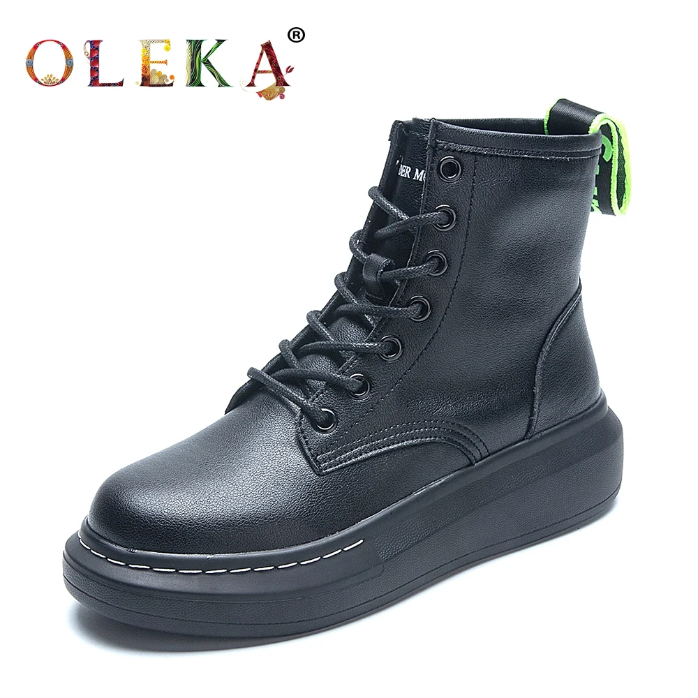 

OLEKA Leather Mid-calf Winter Boots For Women Platform Riband Round Toe Winter Boots Leisure Style Work & Safety New AS685