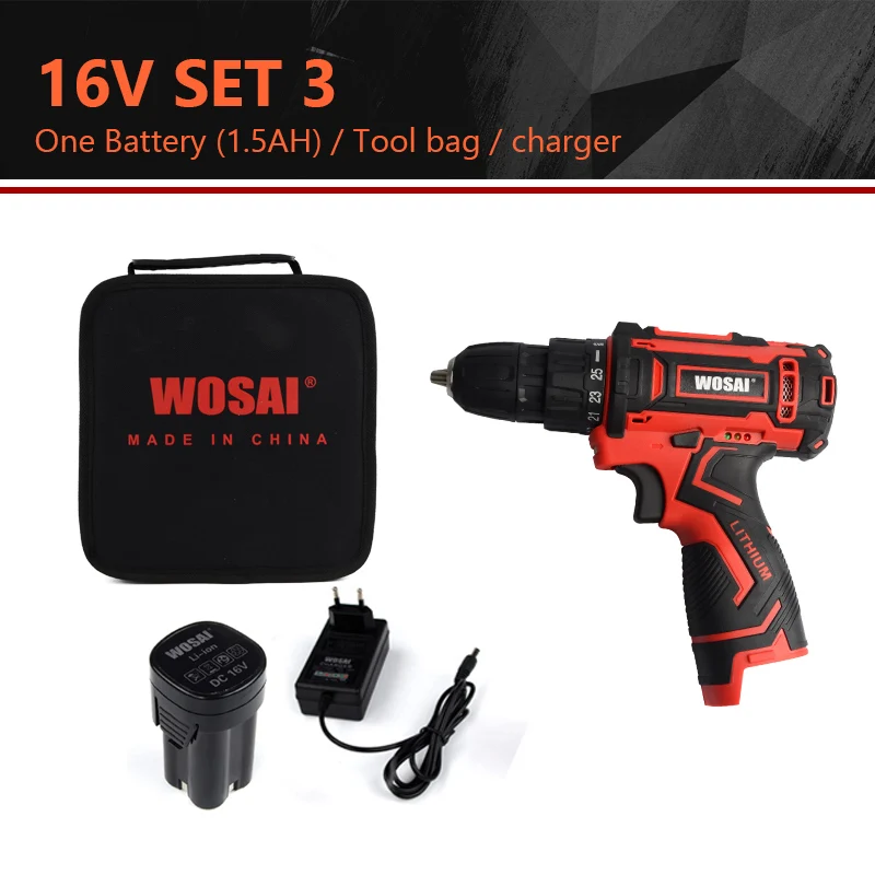 Set 3 WOSAI, 12 В, 16 В, 20 в, Аккумуляторная дрель, Электрическая отвертка, мини, беспроводной драйвер питания, литий-ионный аккумулятор постоянного тока, 3/8 дюйма - Цвет: Set 3