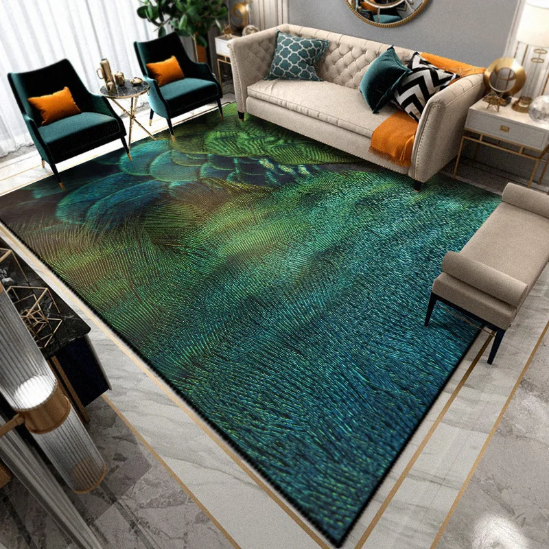 Gold velvet printed carpet Thickened non-slip animal feather peacock pad rectangular living room bedroom decorative rug